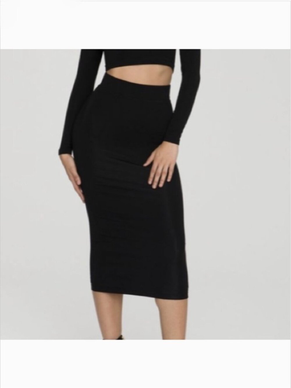 Good American Micro Ribbed Midi Skirt Size 2 Medium Black Stretch Elastic Waist